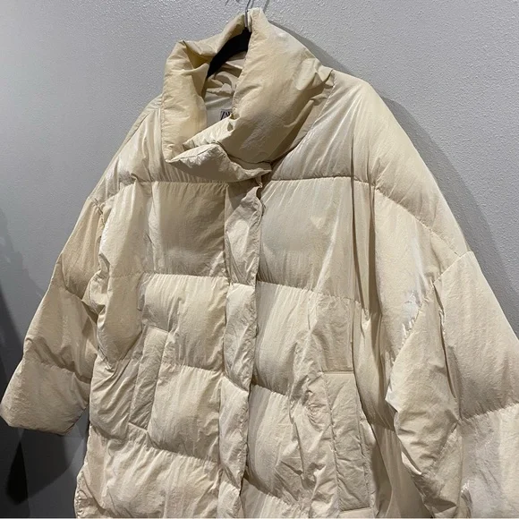 Zara Nylon Puffer Jacket Coat Cream Ivory Large - Picture 3 of 12